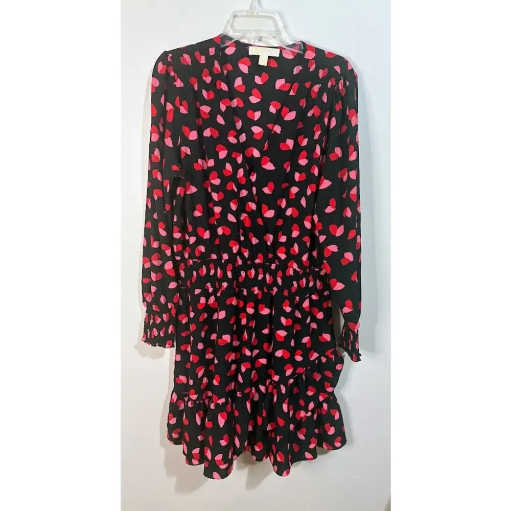 Michael Kors Red‎ Pink Black Long Sleeve Petal Crepe Wrap Ruffle Dress Size XL